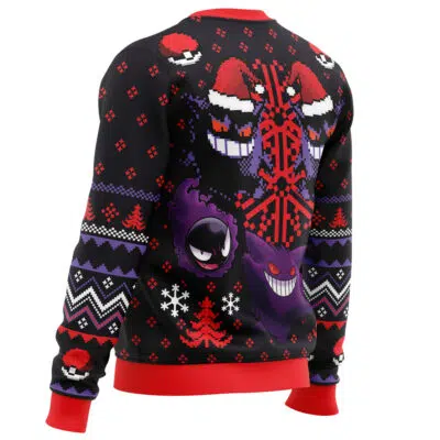 A person wears the Ghosts Gengar Ghastly Pokemon Ugly Christmas Sweater, featuring purple and black ghost cartoon characters with Santa hats, red and white patterns, snowflakes, and red trim on the cuffs, collar, and hem.