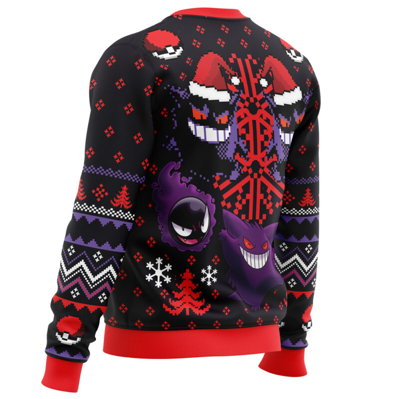 A person wears the Ghosts Gengar Ghastly Pokemon Ugly Christmas Sweater, featuring purple and black ghost cartoon characters with Santa hats, red and white patterns, snowflakes, and red trim on the cuffs, collar, and hem.