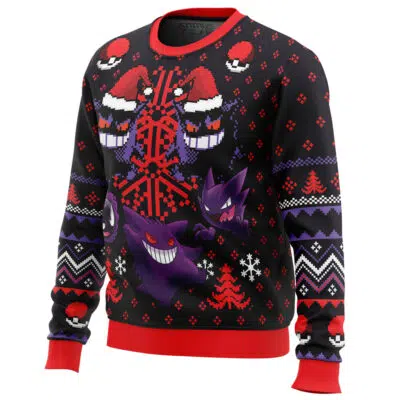 The Ghosts Gengar Ghastly Pokemon Ugly Christmas Sweater showcases Gengar, Haunter, and Gastly in Santa hats with red, black, and purple patterns plus Poké Balls. Bright red accents highlight the collar, cuffs, and hem.