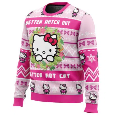The Hello Kitty is Coming to Town Ugly Christmas Sweater is a festive pink knit with Hello Kitty, snowflakes, bows, wreaths, and “Better Watch Out, Better Not Cry” text across the chest and waist.