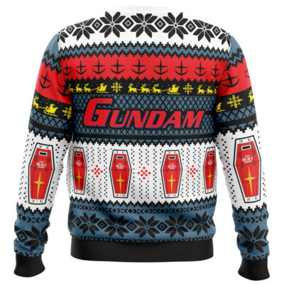 The RX 78 Gundam Ugly Christmas Sweater features a GUNDAM logo, bright patterns, yellow space icons, and red coffin shapes in festive rows on the back, all inspired by classic ugly Christmas sweater designs.