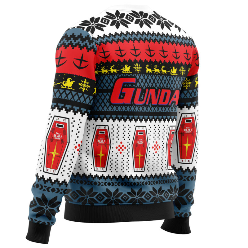 The RX 78 Gundam Ugly Christmas Sweater features vibrant red, black, white, blue, and yellow patterns with "Gundam," red coffins with yellow crosses, snowflakes, and festive designs across the back.