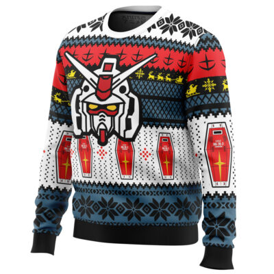 The RX 78 Gundam Ugly Christmas Sweater showcases a bold Gundam robot head at the center, surrounded by festive patterns, shields, and winter motifs in vibrant red, white, black, yellow, and blue.