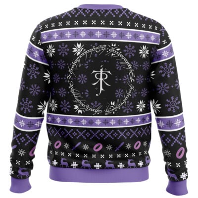 The Ring Language Lord of the Ring Ugly Christmas Sweater is a festive black sweater with purple and white snowflakes, reindeer, ring motifs, and a large Tolkien-inspired back design featuring Elvish script and a central monogram.