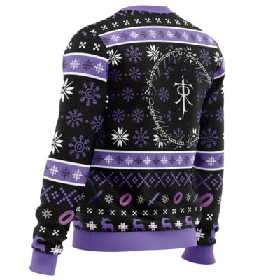 The Ring Language Lord of the Ring Ugly Christmas Sweater is black with purple and white snowflake patterns, Elvish script, a fantasy symbol in a circular design on the back, and solid purple cuffs, collar, and hem.