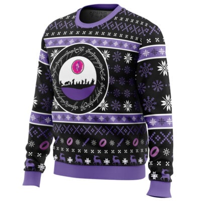 The Ring Language Lord of the Ring Ugly Christmas Sweater features black, white, and purple colors, snowflakes and geometric patterns, with the Fellowship silhouette inside a ring of Elvish script at the center.