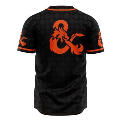 The Dungeons & Dragons Baseball Jersey features a black base with an orange dragon ampersand on the back and sleeves, subtle hexagonal background patterns, and orange trim on the sleeves and collar.