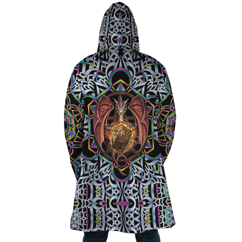 Person in a Trippy Dungeons & Dragons Dream Cloak Coat with bold geometric patterns and colorful accents, featuring a central red dragon guarding a glowing sphere on the back.