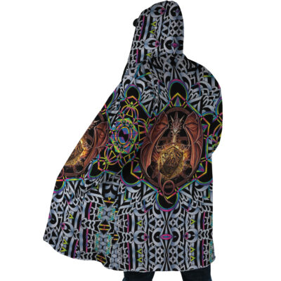 Someone wearing the Trippy Dungeons & Dragons Dream Cloak Coat—a hooded cloak with vibrant geometric patterns, dragon imagery, and mystical symbols—stands sideways against a white background.