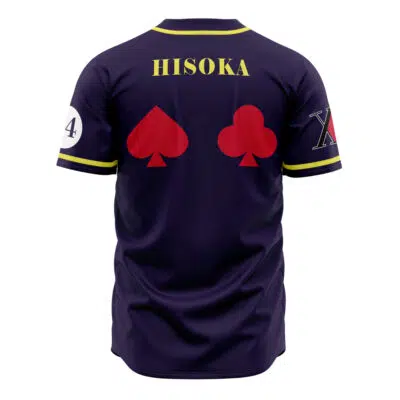 The First Outfit Hisoka Hunter X Hunter Baseball Jersey features a dark purple back with HISOKA on top, large red spade and club symbols below, number 44 on the right sleeve, an X on the left sleeve, and yellow trim accents.