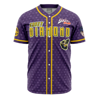 The Josuke Shining Diamond Jojo’s Bizarre Adventure Baseball Jersey is purple with yellow “Crazy Diamond” text, series logos, anime character graphics, peace symbols, and small patterns across the fabric.