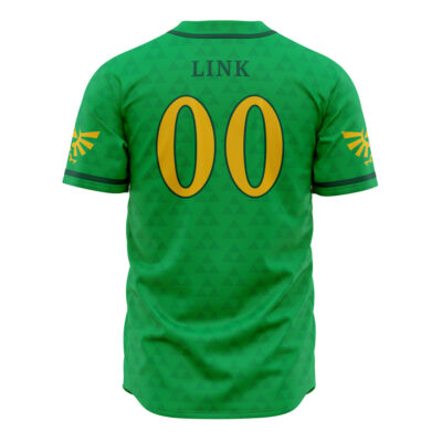 The Link Zelda Baseball Jersey is green with LINK and the number 00 in yellow on the back, subtle triangle patterns, and a golden winged emblem on each sleeve.