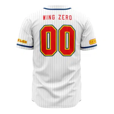 The Wing Zero Gundam Baseball Jersey is a white pinstripe jersey with WING ZERO above a large red 00 on the back and yellow and red symbols on each sleeve.