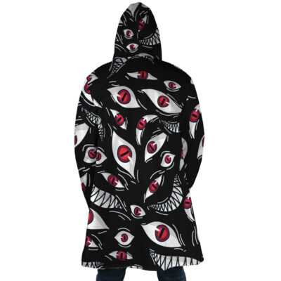 A person wearing a Pride Fullmetal Alchemist Dream Cloak Coat with red eyes.