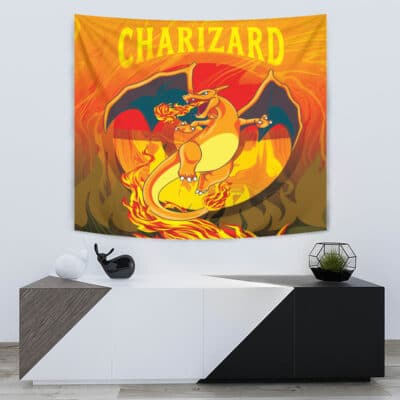 The Trippy Charizard Pokemon Tapestry showcases Charizard, the fiery orange dragon Pokémon, breathing fire against a blazing background with "CHARIZARD" in bold yellow letters at the top.