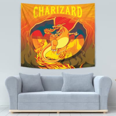 Above a light gray sofa hangs the Trippy Charizard Pokemon Tapestry, showing Charizard—a bold, orange dragon-like Pokémon—breathing fire with wings spread wide. "CHARIZARD" is displayed in striking yellow letters at the top.