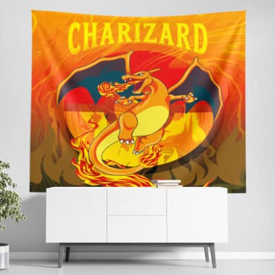 The Trippy Charizard Pokemon Tapestry showcases Charizard, the orange dragon Pokémon, breathing fire with wings spread wide and "CHARIZARD" in bold yellow letters at the top. Displayed above a white cabinet for a vibrant look.
