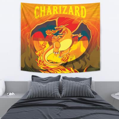 The Trippy Charizard Pokemon Tapestry shows Charizard, an orange dragon-like Pokémon, breathing fire with surrounding flames. "CHARIZARD" appears in bold yellow letters at the top, making it a striking wall decor for any fan.