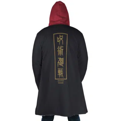 A person wearing the Yuji Itadori Jujutsu Kaisen Dream Cloak Coat, a black coat with a red hood and gold Japanese characters along with Jujutsu Kaisen on the back, is standing with their back to the camera.