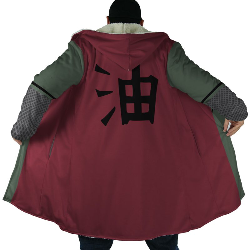 A person wearing the Jiraiya Uniform Shippuden Dream Cloak Coat with wide sleeves, gray mesh cuffs, and a large black kanji symbol on the back stands with the cloak spread open.