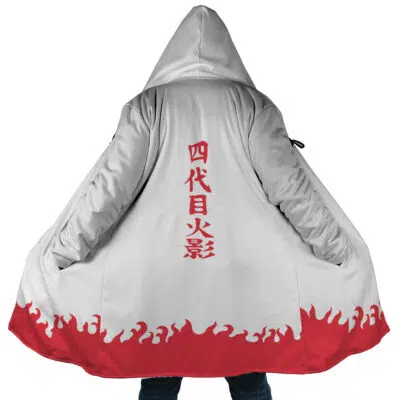 Someone wearing the Minato Namikaze 4th Hokage Shippuden Dream Cloak Coat, a white cloak with red flames at the hem and red Japanese kanji on the back, stands with it open to show off the detailed design.