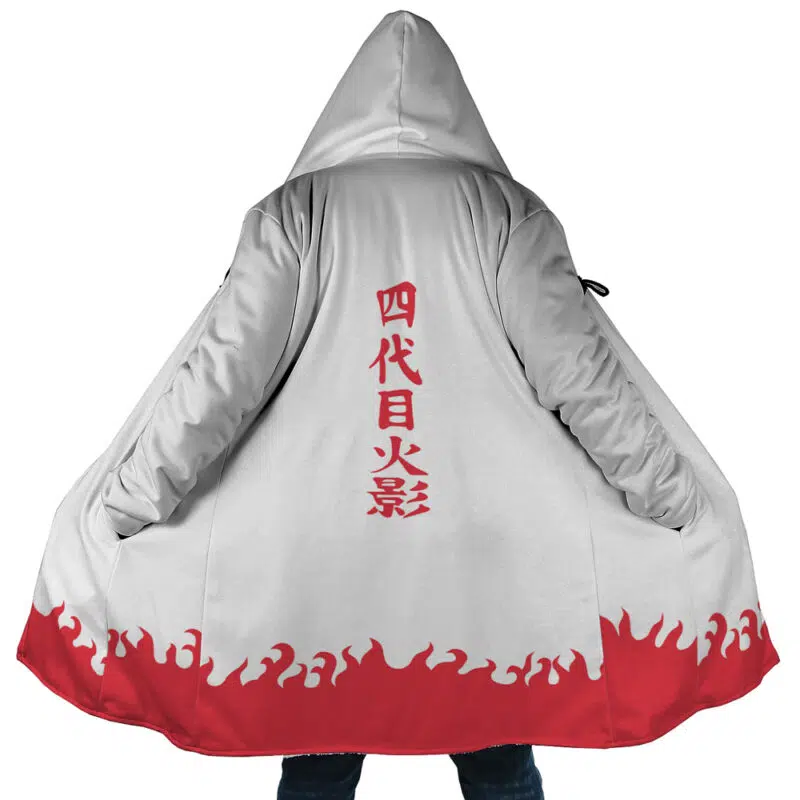 Someone wearing the Minato Namikaze 4th Hokage Shippuden Dream Cloak Coat, a white cloak with red flames at the hem and red Japanese kanji on the back, stands with it open to show off the detailed design.