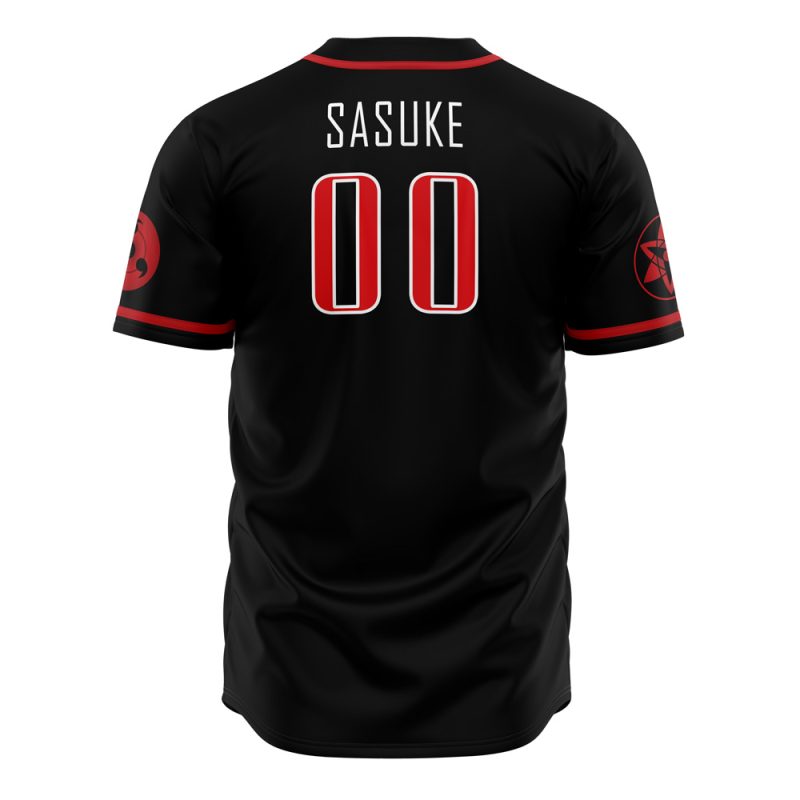 The Sasuke Uchiha Shippuden Baseball Jersey is a black jersey featuring SASUKE and 00 in red and white on the back, red and black logos on both sleeves, plus bold red trim on the sleeves and collar.