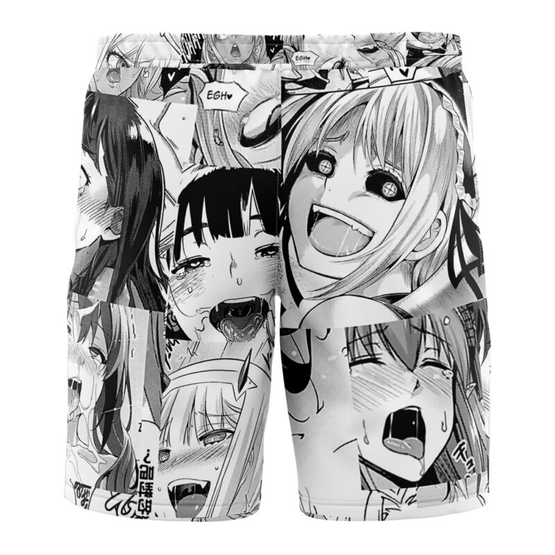 Ahegao Manga Collage Board Shorts Swim Trunks feature black and white anime-style faces with exaggerated emotions like surprise, joy, and excitement printed all over for a bold, graphic look.