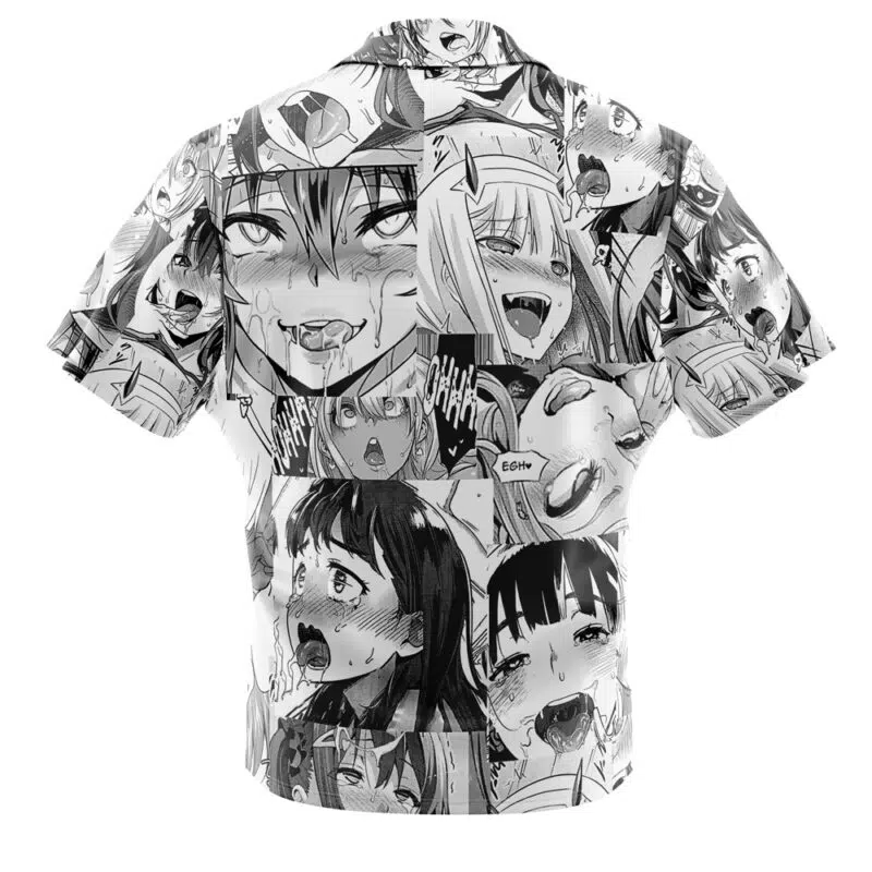The Ahegao Manga Collage Button Up Hawaiian Shirt features a black and white collage of expressive, exaggerated manga faces on a short-sleeve button-up design.