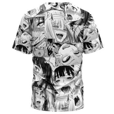 The Ahegao Manga Collage T-Shirt features a black and white print of manga-style faces with exaggerated, dramatic expressions, including surprise, embarrassment, and excitement.
