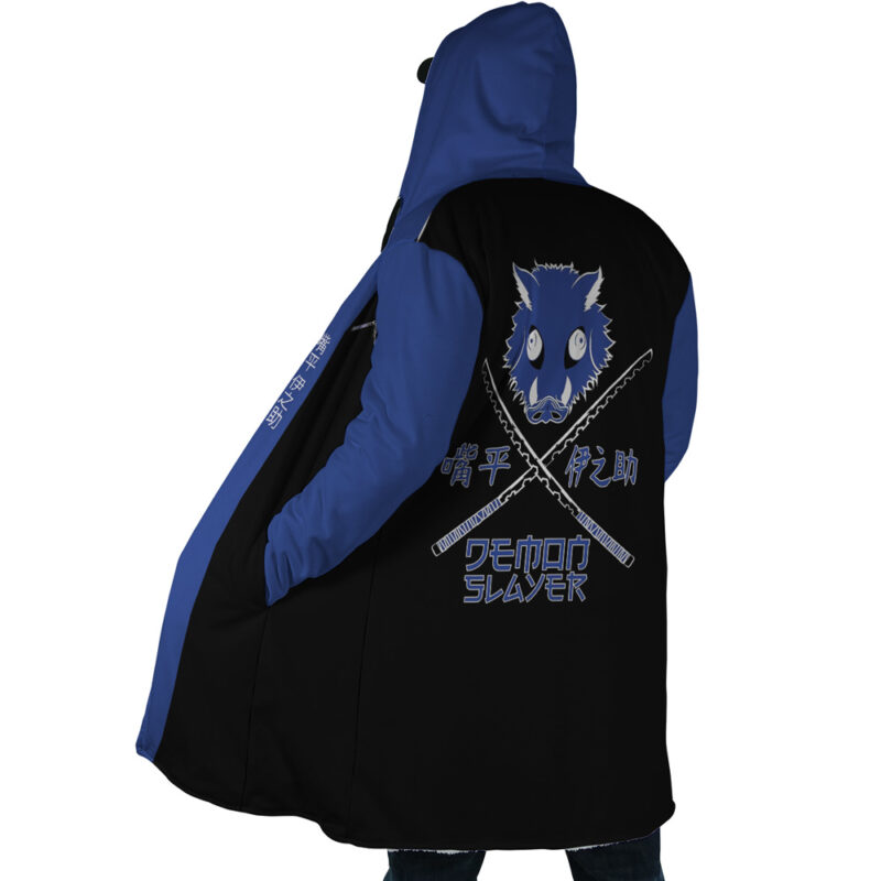 Someone is wearing the Hashibira Inosuke Demon Slayer Dream Cloak Coat, a long black and blue hooded coat with a boars head, crossed swords, and Demon Slayer with Japanese characters on the back.