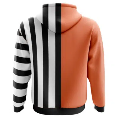 The Kinemon One Piece Hoodie features a bold design: the left half has black and white stripes, while the right half is solid orange. The hood matches with stripes on the left and orange on the right.