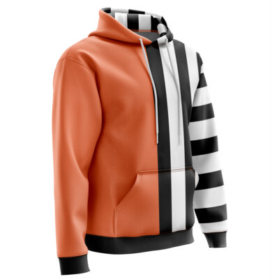 The Kinemon One Piece Hoodie features an orange left side and hood, a right side with bold black and white stripes, white drawstrings, a front pocket, and a plain white background.