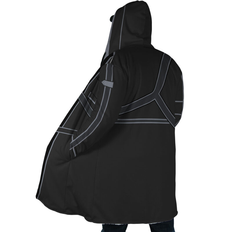 A person wearing the Kirito Sword Art Online Dream Cloak Coat, an oversized black hooded coat with gray geometric lines and a futuristic design, is seen from the back with only their legs partially visible.