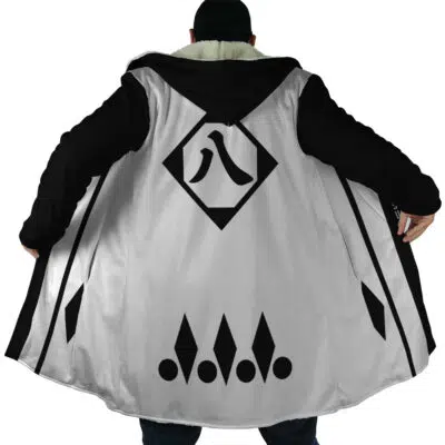 A person faces away, wearing the Gotei 13 8th Division Captain Kyoraku Shunsui Bleach Dream Cloak Coat, featuring bold black and white geometric symbols on the back, including a diamond design with stylized patterns and dots near the hem.