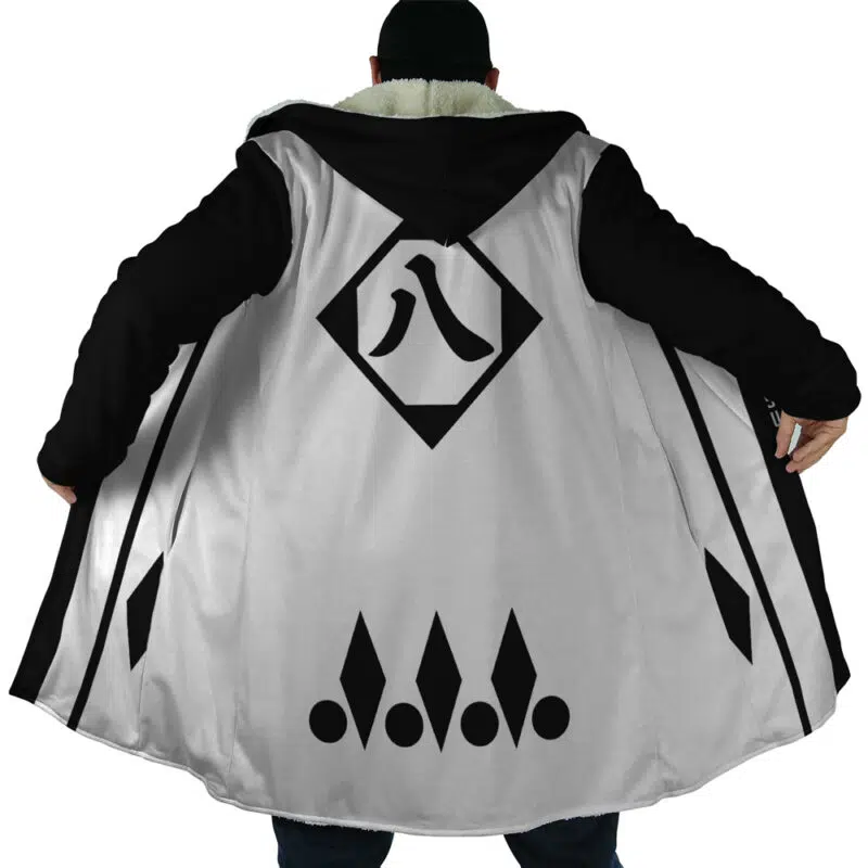 A person faces away, wearing the Gotei 13 8th Division Captain Kyoraku Shunsui Bleach Dream Cloak Coat, featuring bold black and white geometric symbols on the back, including a diamond design with stylized patterns and dots near the hem.