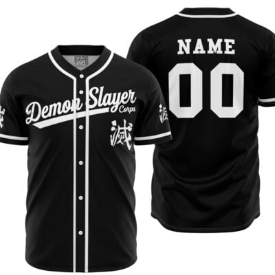 The Personalized Demon Slayer Corps Custom Baseball Jersey features white trim, "Demon Slayer Corps" and Japanese characters on the front, plus a large custom NAME and 00 on the back. Shown from front and back angles.