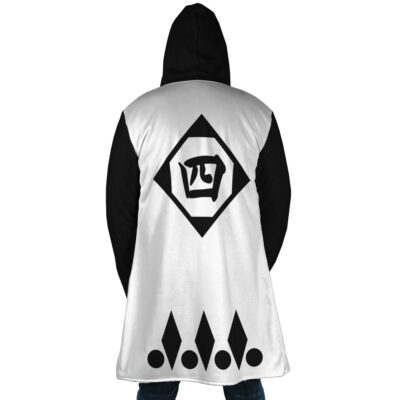 A person wearing the Gotei 13 4th Division Captain Retsu Unohana Bleach Dream Cloak Coat, with black sleeves, a white back featuring a large black diamond and stylized character, plus geometric shapes along the lower back.