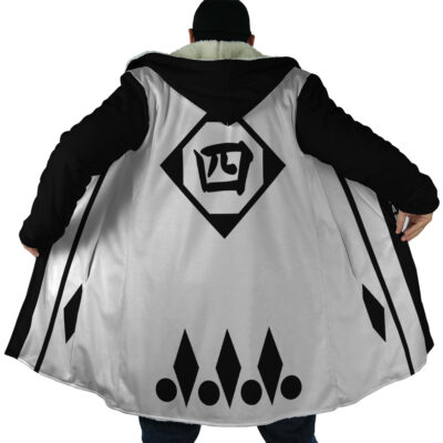 Someone wearing the Gotei 13 4th Division Captain Retsu Unohana Bleach Dream Cloak Coat, a long white and black garment featuring bold geometric symbols on the back, with a large diamond and stylized designs near the hem.