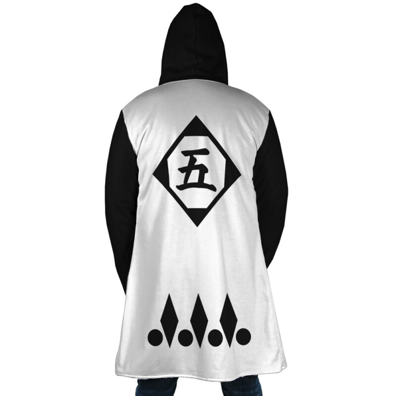A person wearing the Gotei 13 5th Division Captain Sosuke Aizen Bleach Dream Cloak Coat, which has a white back, black sleeves, and a large diamond-shaped kanji symbol with four dotted triangles on the back.