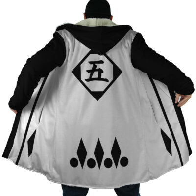 A person wears the Gotei 13 5th Division Captain Sosuke Aizen Bleach Dream Cloak Coat, a long black and white cloak with a fur collar, bold black symbol in a diamond on the back, and stylized dots and diamonds near the hem.