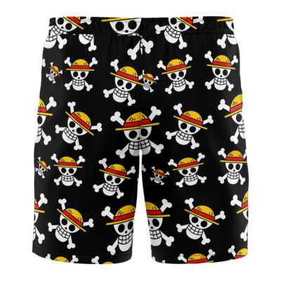 Luffy One Piece Board Shorts Swim Trunks featuring a repeating pattern of the iconic smiling straw hat skull and crossbones, inspired by the One Piece anime logo.