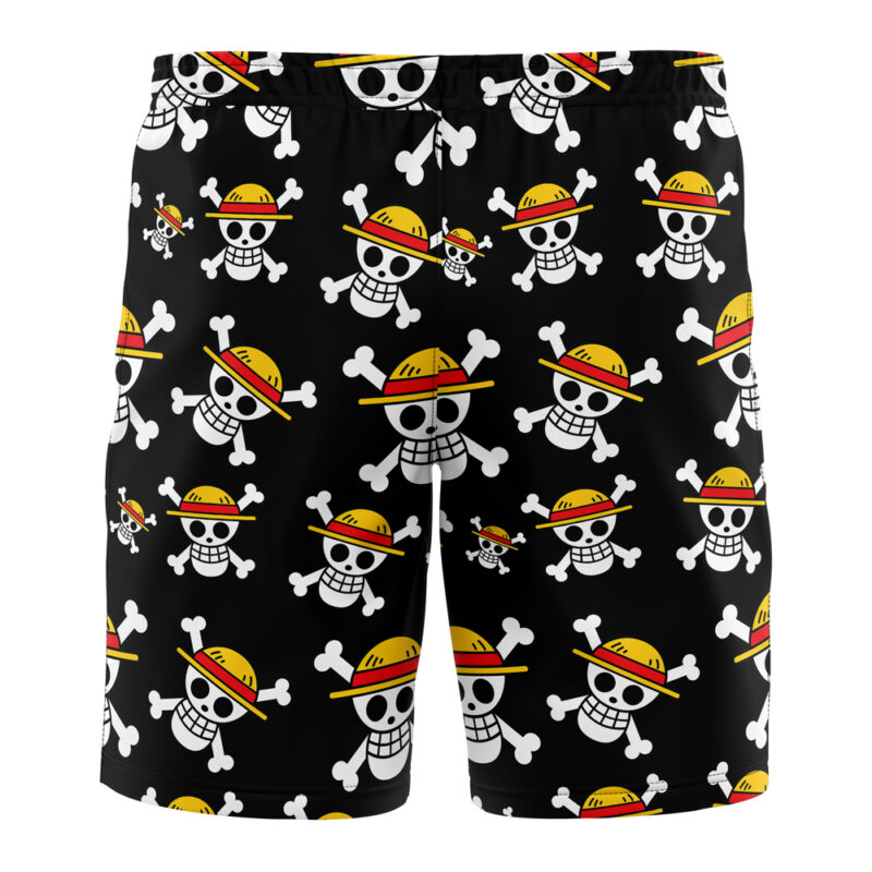 Luffy One Piece Board Shorts Swim Trunks featuring a repeating pattern of the iconic smiling straw hat skull and crossbones, inspired by the One Piece anime logo.