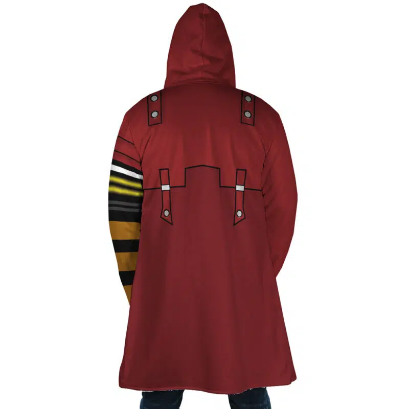 Person wearing the Vash the Stampede Trigun Dream Cloak Coat, featuring a long red hooded design with silver buckles on the back and one sleeve in black, yellow, and brown stripes, facing away from the camera.