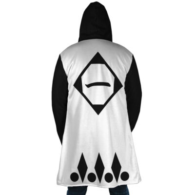 A person wearing the 1st Division Captain Commander Yamamoto Genryusai Shigekuni Gotei 13 Bleach Dream Cloak Coat, featuring black sleeves, a white back with a bold geometric face symbol, and a row of black diamond and circle designs near the hem.
