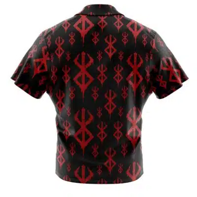 Back view of the Brand of Sacrifice Berserk Button Up Hawaiian Shirt in black, showcasing vertical columns of repeating red geometric symbols.