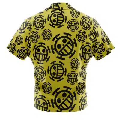 The Trafalgar Law Jolly Roger One Piece Button Up Hawaiian Shirt is yellow with short sleeves and a repeating black jolly roger pattern on the back.