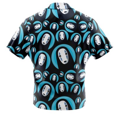 The No Face Spirited Away Button Up Hawaiian Shirt features short sleeves and a black background with a repeating pattern of white mask-like faces with blue accents, inspired by Studio Ghibli's iconic character.