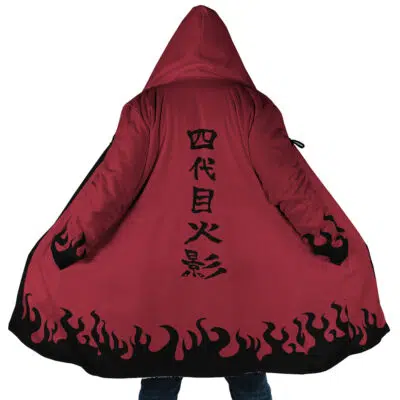 A person wears the Sage Mode Kanji Shippuden Dream Cloak Coat—a red hooded cloak with black flame designs at the bottom and black Japanese kanji vertically down the back, arms outstretched to show off the cloak.