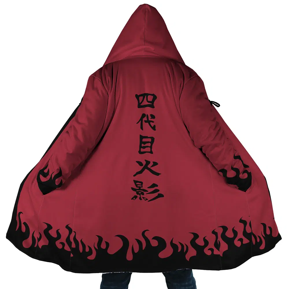 A person wears the Sage Mode Kanji Shippuden Dream Cloak Coat—a red hooded cloak with black flame designs at the bottom and black Japanese kanji vertically down the back, arms outstretched to show off the cloak.